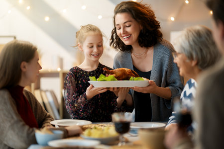 Thanksgiving Day, Autumn feast. Happy family sitting at the table and celebrating holiday....