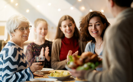 Thanksgiving Day, Autumn feast. Happy family sitting at the table and celebrating holiday. Traditional dinner. Grandmother and granddaughters.の写真素材