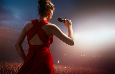 A singer passionately performing on stage with a microphone in front of bokeh-style lanterns, bathed in bright light and surrounded by a lively atmosphere.の写真素材