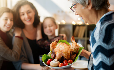 Thanksgiving Day, Autumn feast. Happy family sitting at the table and celebrating holiday. Traditional dinner. Grandmother and granddaughters.の写真素材
