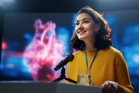 A young woman is giving a presentation at a medical conference.の写真素材