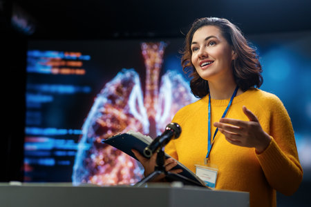 A young woman is giving a presentation at a medical conference.の写真素材