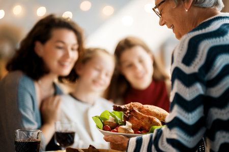 Thanksgiving Day, Autumn feast. Happy family sitting at the table and celebrating holiday. Traditional dinner. Grandmother, mother and children.の写真素材