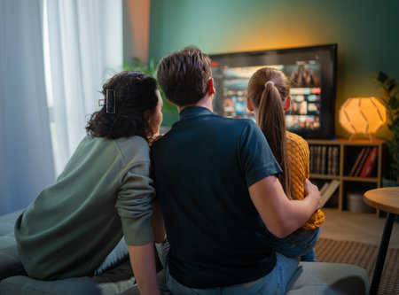 Happy family spending time together. Mother, father and child watching  TV, movies in the evening at home.の写真素材