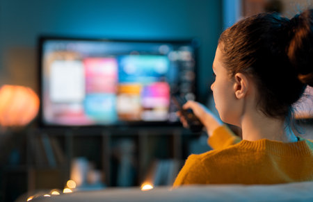 Young woman watching TV at home.の写真素材
