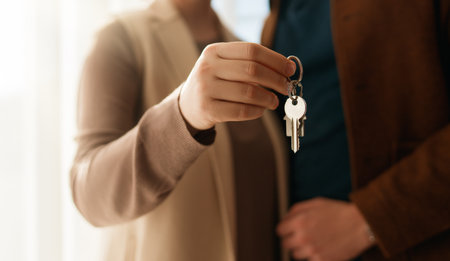 Real estate agent gives house keys to new homeowner. Property deal, mortgage loanの写真素材