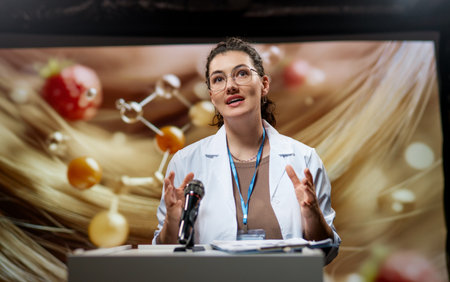 A woman is giving a presentation at a conference on care products.の写真素材