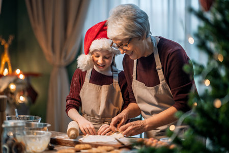 Merry Christmas and Happy Holidays. Family preparation holiday food. Grandmother and granddaughter cooking cookies.の写真素材