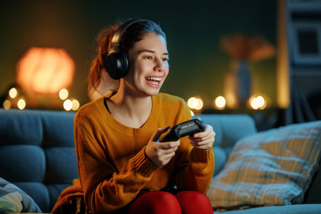 Young woman is playing video game console using joystick or controller while sitting at home.の写真素材