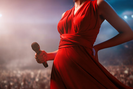 A singer passionately performing on stage with a microphone in front of bokeh-style lanterns, bathed in bright light and surrounded by a lively atmosphere.の写真素材