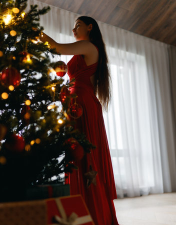 Happy young beautiful woman near Christmas tree indoor.の写真素材