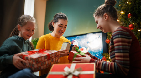 Merry Christmas, Happy Holidays. Mom and daughter with gifts near the tree indoors.の写真素材