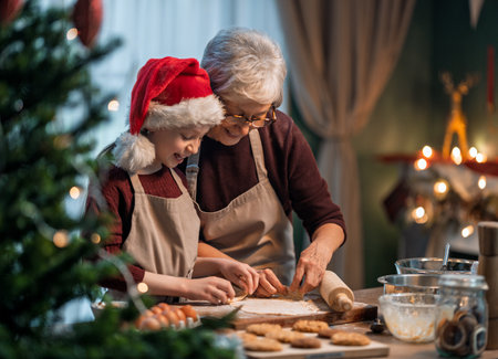 Merry Christmas and Happy Holidays. Family preparation holiday food. Grandmother and granddaughter cooking cookies.の写真素材