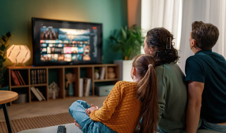 Happy family spending time together. Mother, father and child watching  TV, movies in the evening at...