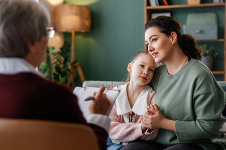 Consultation of child and mother on reception for psychologist.