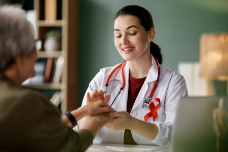 Colour ribbon for concept of illness awareness. Female patient listening to doctor in medical...