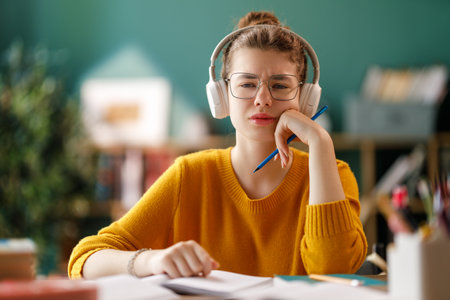 Kid at school. Child is learning in the class or doing homework.の写真素材