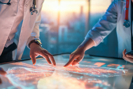 Two medical professionals interacting with touch screen in a futuristic setting, analyzing data and...