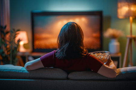 Happy woman watching TV at home.