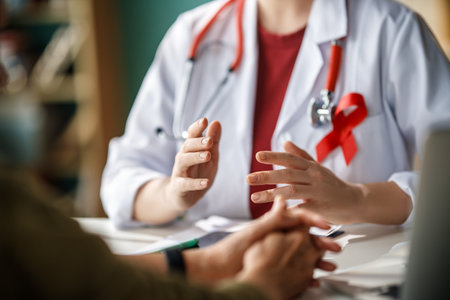 Colour ribbon for concept of illness awareness. Female patient listening to doctor in medical...