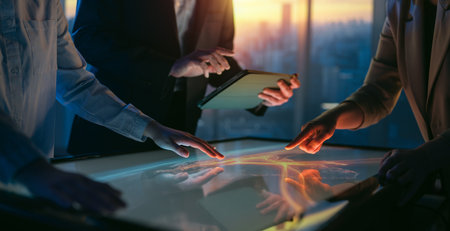 A team of managers working in the office. Hands and a touch screen in close-up