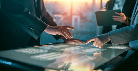 A team of managers working in the office. Hands and a touch screen in close-up