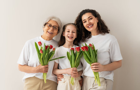 Happy women's day! Child daughter, mom and grandmother with flowers tulips. Granny, mom and girl...