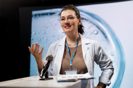 A woman is giving a presentation at a conference on care products.の写真素材
