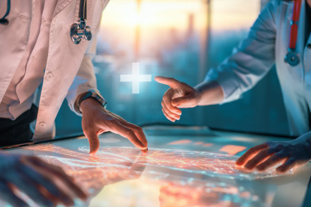 Two medical professionals interacting with touch screen in a futuristic setting, analyzing data and...