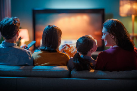 Happy family spending time together. Mother, father and children watching  TV, movies with popcorn...