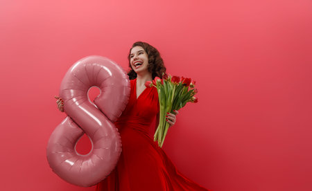 Beautiful young woman with red flowers and a balloon in the shape of an eight on pink wall...