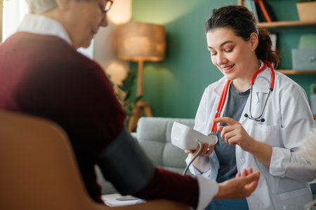 Doctor is measuring blood pressure to a senior woman.の写真素材
