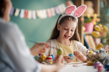 Happy young girl wearing pink bunny ears creating colorful Easter eggs with a loved one. The scene...