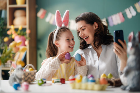 Joyful mother and daughter celebrate Easter at home, taking a selfie together surrounded by colorful...