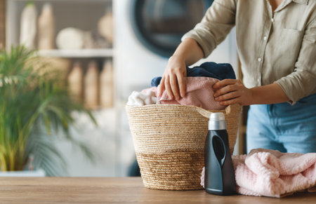 Bright and inviting domestic scene capturing a woman folding freshly washed towels in a stylish wicker basket. Soft textures and warm colors evoke a sense of cleanliness, comfort, and organization. The presence of a lush green plant in the background highlights a balanced lifestyle that values both efficiency and relaxation.の写真素材