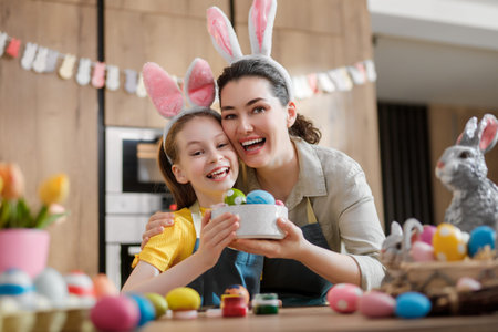 A joyful mother and daughter pair celebrate Easter with a creative egg painting session at home....