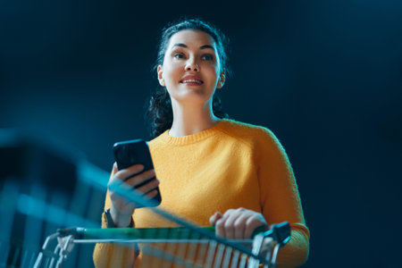 Confident young woman in a yellow sweater uses her smartphone while shopping, pushing a cart through...