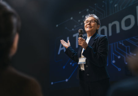 Inspirational image of an experienced businesswoman confidently speaking about artificial...