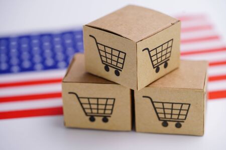 Box with shopping cart logo and America USA flag : Import Export Shopping online or eCommerce delivery service store product shipping, trade, supplier concept.の写真素材