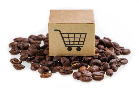 Box with shopping cart logo symbol on coffee beans, Import Export Shopping online or eCommerce delivery service store product shipping, trade, supplier concept.の写真素材