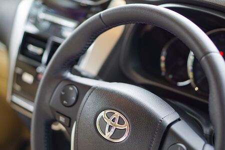 BANGKOK, THAILAND - SEPTEMBER 21, 2019 : Control wheel of Toyota car in modern showroom.のeditorial素材