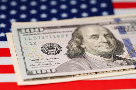 Dollar banknotes on USA America flag background :  Banking Account, Investment Analytic research...