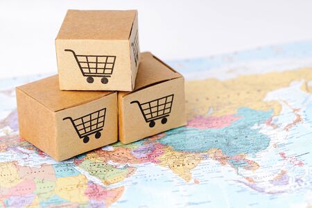 Box with shopping cart Asia map : Import Export Shopping online or eCommerce finance delivery...