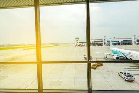Bangkok, Thailand - May 1, 2019: Don Muang Airport terminal hall window for passenger waiting flights to travel around the world.のeditorial素材