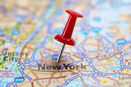 New York, road map with red pushpin, city in the United States of America USA.のeditorial素材
