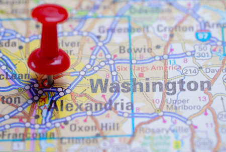 Washington,  road map with red pushpin, city in the United States of America USA.