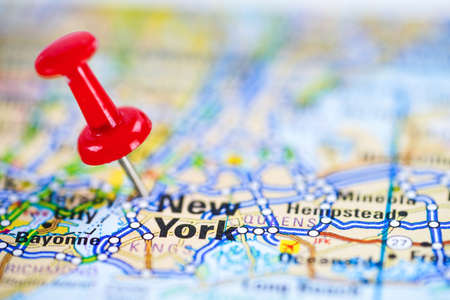 New York road map with red pushpin, city in the United States of America USA.のeditorial素材
