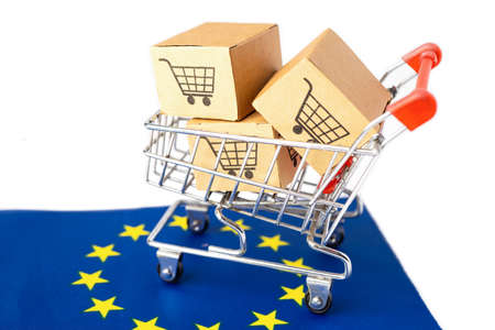 Box with shopping cart logo and Euro flag, Import Export Shopping online or eCommerce finance delivery service store product shipping, trade, supplier concept.の写真素材
