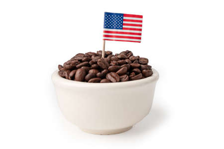 Coffee bean in cup with USA America flag.の写真素材