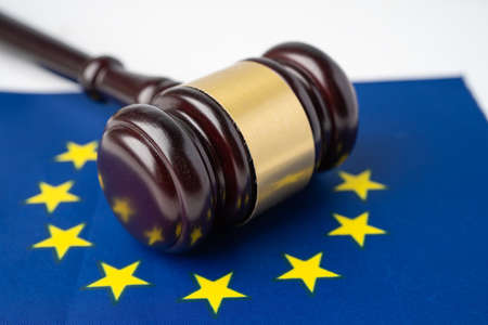 EU flag country with gavel for judge lawyer. Law and justice court concept.の写真素材